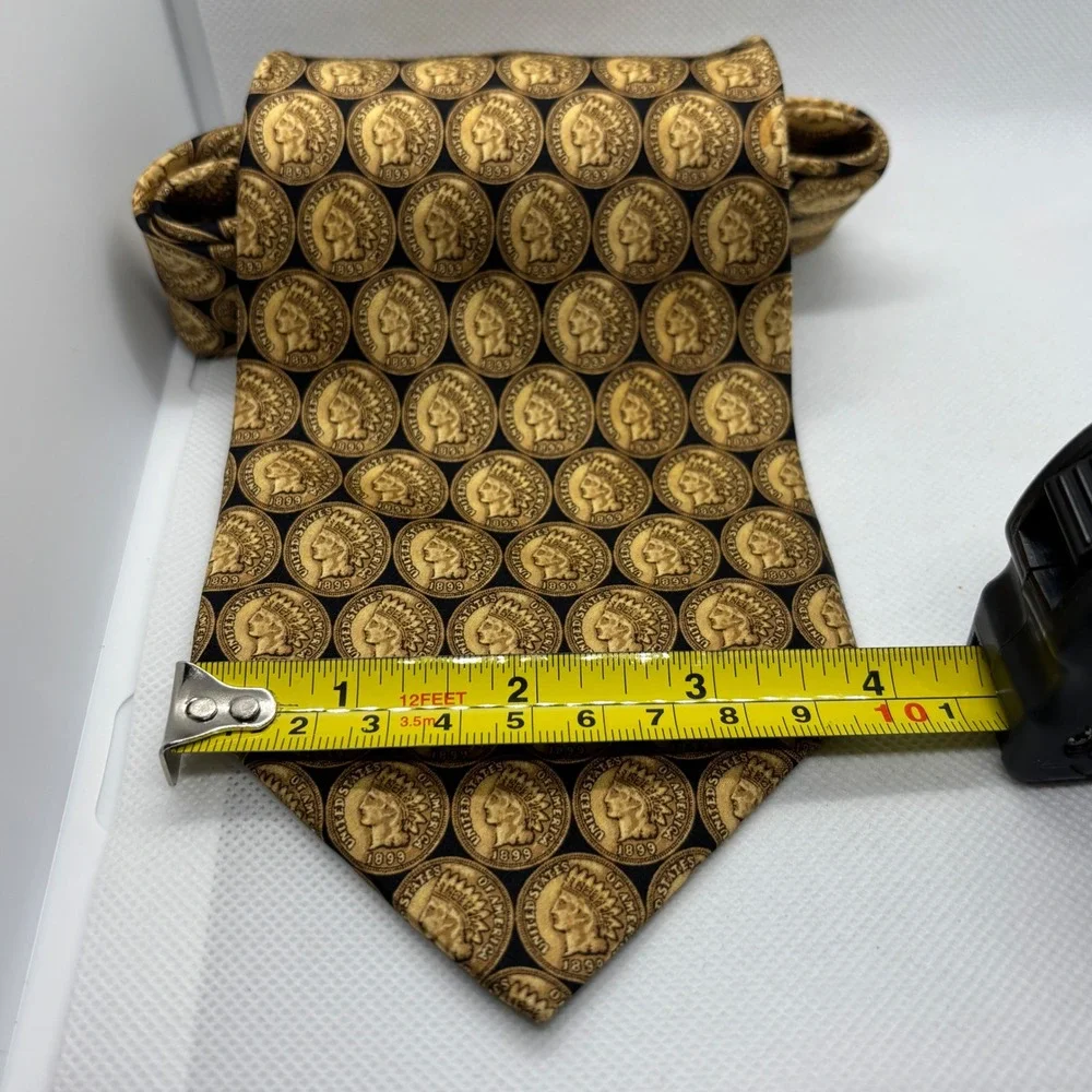 Museum Artifacts Necktie Mens Gold Black Indian Head Penny Coin Handmade Silk